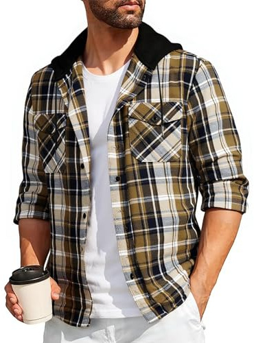 SwissWell Camicia Uomo Flanella Felpe Uomo Camicia a Quadri Manica Lunga Casual Camicia con Cappuccio Marrone Chiaro XXL