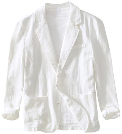 Onsoyours Homme Veste de Costume Travail Blazer Décontracté Veste en Lin Revers Cranté 2 Boutons Manteau de Sport pour Printemps Été Veste de Fête Soirée A Blanc 3XL