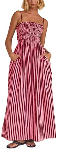 FeMereina Women Striped Maxi Dress Smocked Backless Spaghetti Strap Long Flowy Dress Sleeveless Boho Aline Sundress