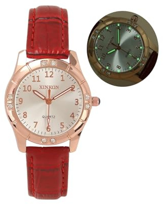 JSDDE Women Classic Arabic Numerals Analog Quartz Watch Leather Strap Luminous Wrist Watch for Ladies Girls Red