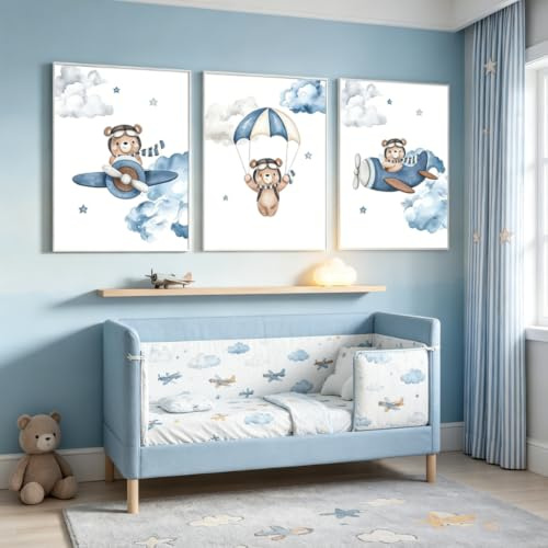 BeiYiHo 3 cuadro de habitación para bebé, color azul, mesa de bebé, diseño de oso de avión infantil laminas 30 x 40 cm poster decoración de oso para dormitorio niño regalo sin marco