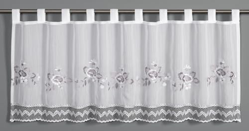 Sehlbach Bistrogardin Etamine blomsterbroderi med virkad fåll, Vit, 135 x 245 cm Bistrogardin, Elegant blomsterbroderi, Genomskinlig, Enkel dekoration, Oeko-Tex certifierad