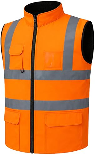 GM WORKWEAR Hi-Vis Reversible Waterproof Fleece Bodywarmer Gilet Waistcoat – High Visibility Safety Vest – Orange/Navy, Yellow/Navy, Orange/Yellow – S to 4XL