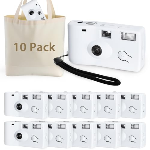 10 Pack Disposable Cameras Bulk with Flash, Deluxe White Single-Use Film Cameras Set, Include 35mm iSO 400 Film, 17 Photos, Natural Color Canvas Bag, for Birthday and Wedding