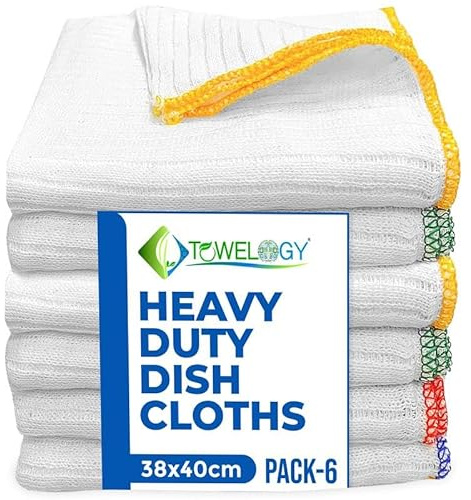 Towelogy Large Cotton Dish Cloths for Washing Up – Pack of 6 Odour Resistant Dish Towels (6, White)