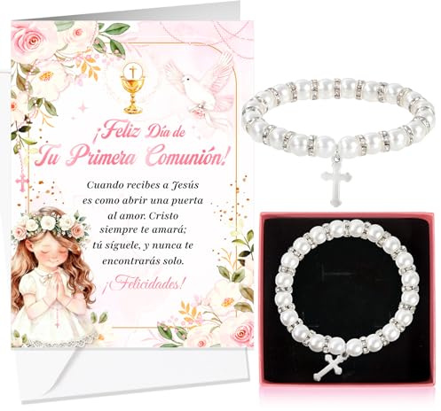 HOWAF Tarjeta Comunión Niña, Tarjeta Felicitación Primera Comunión & Pulsera Cruz de Perlas Blanco para Regalos Comunion Niña, Regalos de Comunion