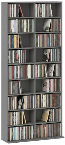 HOMCOM 640 CD/360 DVD Storage Unit, Blu-ray Media Storage Shelf, Grey | 18 Compartments, 14 Adjustable Shelves, CD Tower, Living Room, Bedroom, Office