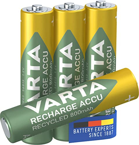 VARTA Batterien AAA, wiederaufladbar, 4 Stück, Recharge Accu Recycled, Akku, 800 mAh Ni-MH, aus 21% recyceltem Material, vorgeladen, sofort einsatzbereit