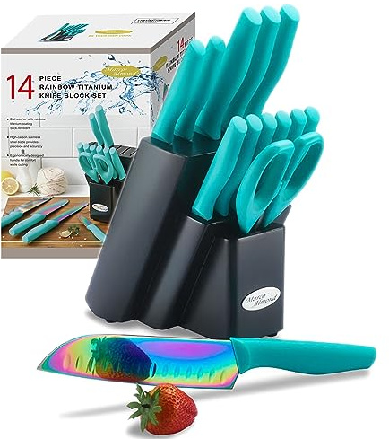 Marco Almond Knife Block Set, Knife Set Rainbow Color, 14 Piece Stainless Steel Kitchen Knife Sets with Block, KYA27 Chef Cooking Steak Knives Set for Kitchen