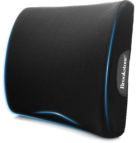 Brookstone BK1209 - Luxurious Lumbar Support Pillow for Car or Office Chair, Back Cushion with Premium Grade Memory Foam, Breathable and Washable Cover, Adjustable Strap