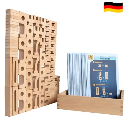SumBlox Mini (Basic Set) - 80 Holz Bausteine aus massiver Buche - Premium Zahlenbausteine Montessori Spielzeug - Mit 80 Aktivitätskarten in Deutsch zur Förderung des spielerischen Lernens.