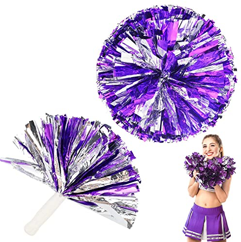 LNSYSNS Cheerleader Pompons Lila/Silber – Hochwertige Metallfolie Pompoms mit ergonomischem, geradem Griff für Tanzsport, Cheerleading & Wettkampf, 2er Pack