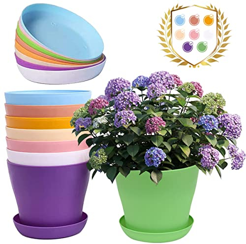 HZSOOCH 8pcs 14CM Colorful Plastic Plant Pots, 5.5 Small Plastic Flower Pots, Indoor Plant Pots, Garden Pots with Saucer for All House Plants, Flower, Succulents, Cactus and Outdoor Bonsai Plants