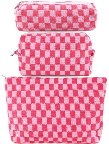 ZLFSRQ 3Pcs Makeup Bag Checkered Cosmetic Bag Set Travel Toiletry Bags for Purse Large Small Makeup Pouch for Women Cute Preppy Pencil Pouch Case Pink Zipper Skincare Bags