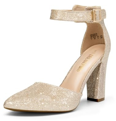 DREAM PAIRS Escarpins à talons hauts et épais à bout pointu avec bride à la cheville pour femme - Chaussures de mariage et de fête, Paillettes dorées., 36 EU