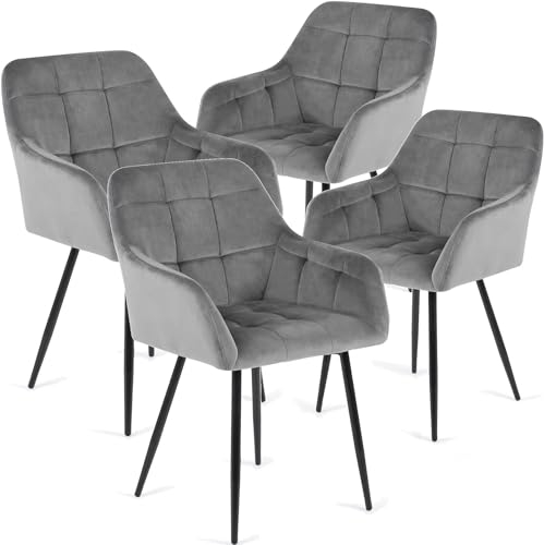FlamingoCasa Esszimmerstühle 4er samt küchenstühle: Stuhl esszimmer grau mid armlehne - modern esstisch stühle mit Metall Beine polsterstuhl