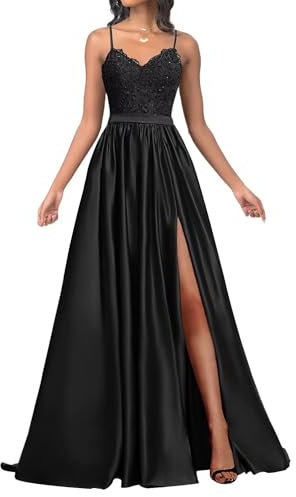 Infuness Robe De Bal en Satin Oour Femme Longue Bretelles Spaghetti Appliques en Dentelle Robe De Bal avec Fente