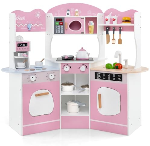 COSTWAY Kids Corner Play Kitchen, Wooden Pretend Toy Kitchen with Realistic Lights & Sounds, Coffee Maker, Microwave, Sink, Faucet, Utensils, Children's Chef Role Play Set for Boys Girls (Pink)