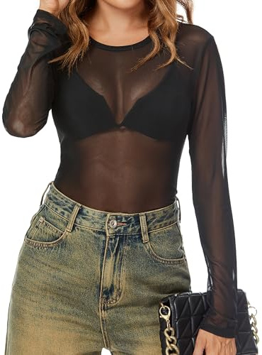 IECCP Nättopp damer sexig nättopp transparent nät topp svart nät sheer toppar långärmad skjorta casual toppar ren blus tyll nät t-shirt tunika klubbkläder party gå ut musikfestival, svart, S