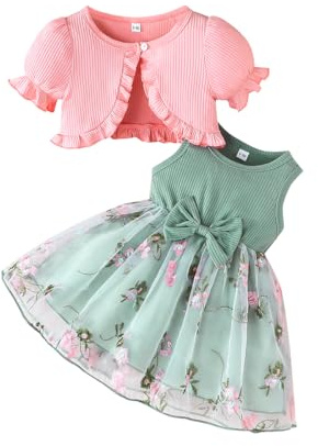 LUVCES Småbarn, baby, flicka, rosett, tyllklänning och kofta, set, 2 stycken, ärmlös tyllklänning med blommönster och kortärmad/långärmad kofta, outfit