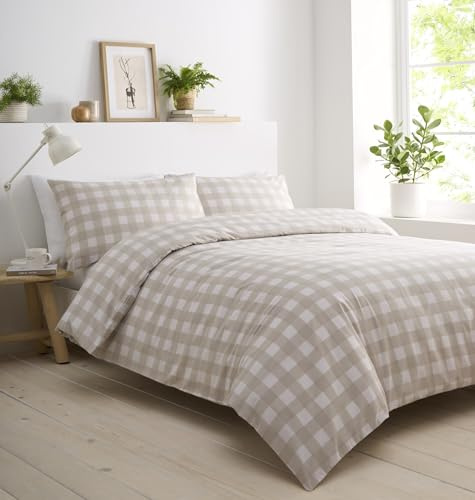 Portfolio Home Gingham Check Natural King Soft Easy Care Bed Linen Bedding Duvet Cover Quilt Set With Pillow Cases
