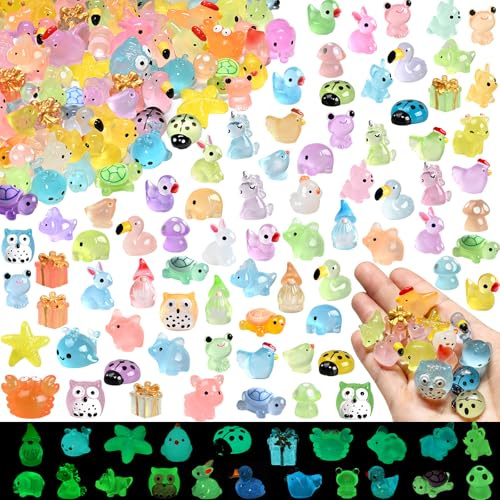 152 Pcs Tiny Mini Resin Animals Luminous Miniature 24 Lucky Animals 96 Styles Mixed Bulk Hide Small Figurines Glowing Little Plastic Figures Ducks Turtle Fairy Garden Dollhouse Decor