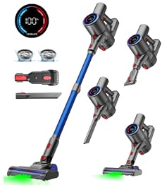 Aspiradora sin Cable 40KPA/500W/45MIN,Escoba Aspiradora Inalámbrica con Pantalla LED,Luz Verde,Diseño Autoportante,Tubo Telescópico y Filtro HEPA,para Pelo de Mascotas,Suelo y Alfombra (Azul)