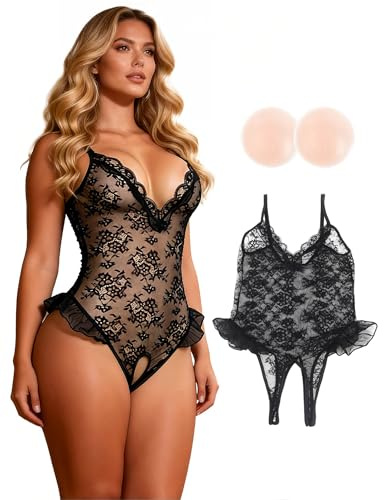comeondear Body Sexy de Encaje Mujer Abierto Conjunto Sexy Lenceria Picante Escote en V Profundo Ropa Interior Abierta Talla Grande Lingerie Sin Espalda con Pezoneras Silicona (En Caja) Negro,M