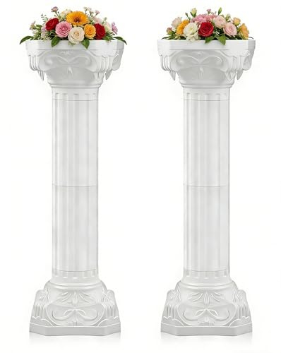 Karida 2 Pcs Roman Wedding Columns – 34.6 Tall Heavy Duty Plastic Greek Pillars, 110 lbs Load Capacity, Tool-Free Assembly, White Decorative Pedestal Stands for Ceremony Flowers, Plants, Balloons, Indoor/Outdoor Events（circular）