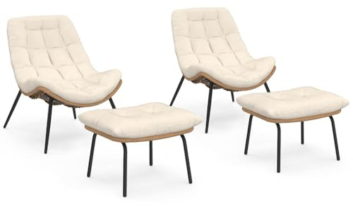 IDMarket - Lot de 2 fauteuils de Jardin Relax LOA Effet rotin | Avec 2 repose pied et coussins écrus
