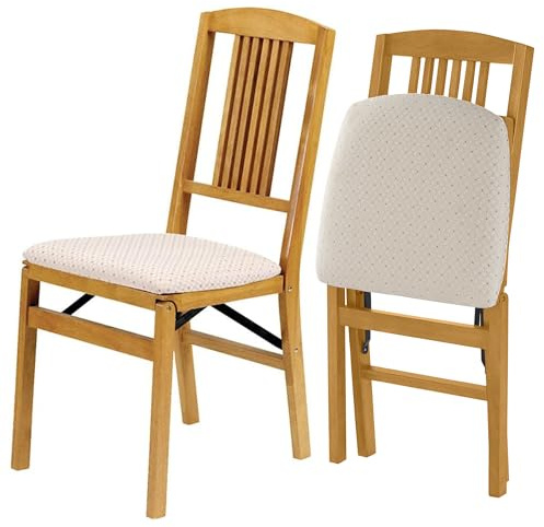 Stakmore Mission Solid Foldable Wood Dining Chairs with Blush Fabric Padded Cushioned Upholstered Seat for Indoor Use, Oak (2 Pack)
