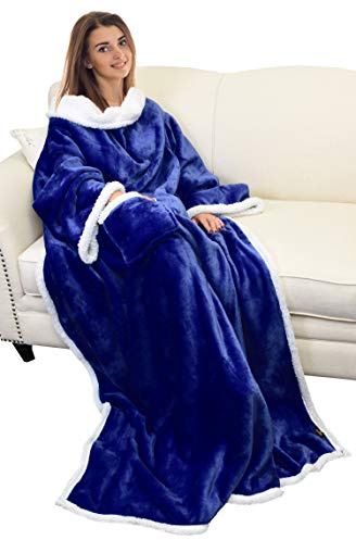 Catalonia Classy coperta sherpa con maniche, micro peluche Sherpa plaid con maniche, coperta con braccia, Regalo per adulti, uomini, donne, adolescenti, fidanzata, moglie, 185 x 140 cm, blu
