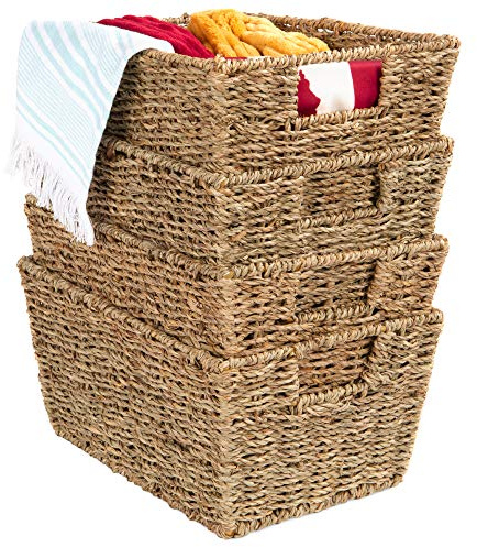 Best Choice Products Rustic Set Of 4 Multipurpose Stackable Seagrass Storage Basket, Handwoven Laundry Organizer Totes for Bedroom and Living Room, Shelves, Pantry w/Insert Handles - Natural