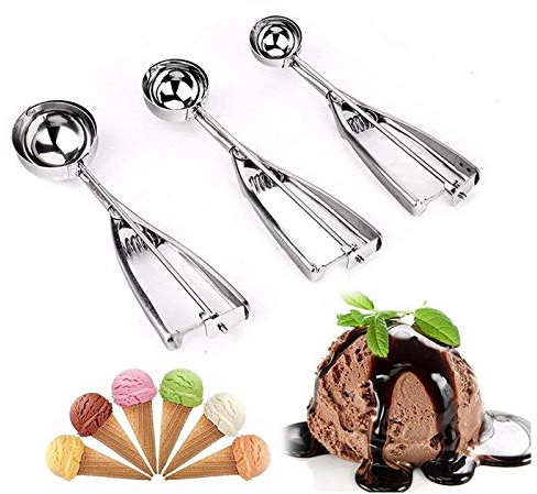 Ice Cream Scoops Stainless Steel Cookie Scoops Ice Cream Scooper with Trigger Meat Ballers Potato Mashers Melon Ballers Spoon (Silver, S+M+L)