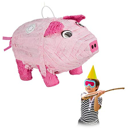 Relaxdays Piñata Cerdo, para Colgar, Fiestas Cumpleaños Niños y Niñas, Cerdito, Rellenable con Chuches, de Papel, Rosa