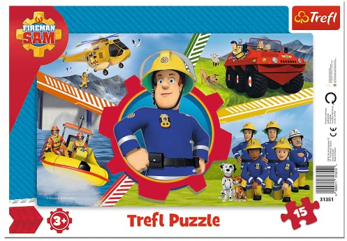 Trefl, Puzzle, Rahmenpuzzle mit Unterlage, 15 Teile, EIN Tag mit Feuerwehrmann, für Kinder ab 3 Jahren