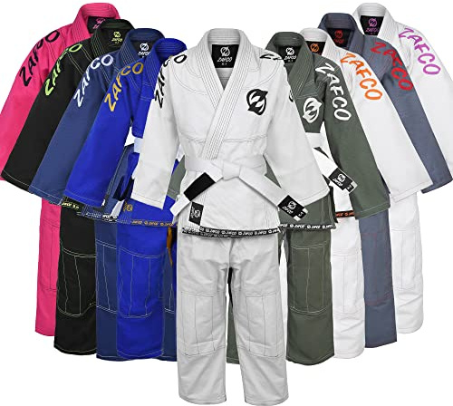 Zafco Sports Brazilian Jiu Jitsu, Kids Jiu Jitsu Gi Children BJJ Gi Grappling Kimonos Lightweight White Belt (White/Black, K0)