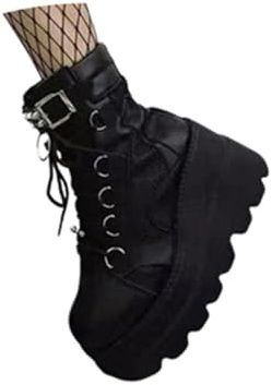 ORANDESIGNE Bottes Femme PU Cuir Bottes Gothiques Punks Boots Automne Hiver Talon Bloc Plateforme Bottes Hautes Chaussure de Fête F Noir 39 EU