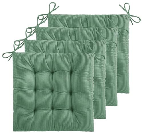 ELFJOY 4 Pack Chair Cushions for Dining Kitchen Chairs 18 Inches Seat Cushion Pads Warm Thick Corduroy Comfort Chair Cushions for Office with Ties(18, Green)