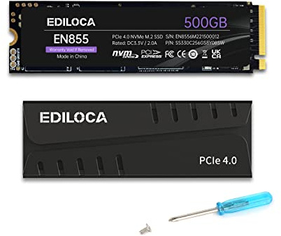 Ediloca EN855 SSD 500GB NVMe SSD M.2 mit Kühlkörper,Gaming für PS5, Laptop und Desktop PC, SSD Festplatte PCIe Gen4, bis zu 7400 MB/s, 3D NAND TLC, Internes Solid State Drive.