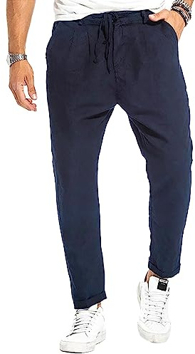 Evoga Pantaloni Uomo in Lino sartoriali Estivi Slim Fit pantalacci Casual Traspirante (50, Blu Scuro)