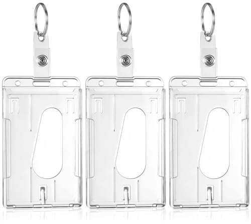 Jostift Ausweishüllen, 3 Stück ID Kartenhalter mit Schlüsselring, Transparent Hartplastik Ausweishalter mit Daumenausschub, Strapazierfähiger Ausweishalter, Doppelt Karten Schutzhülle, ID Card Holder