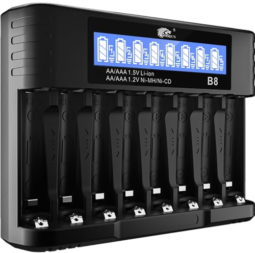 IMREN Cargador de Batería AA/AAA, 8 Ranuras para Pilas Recargables 1.5V Li-Ion 1.2V NiMH/NiCD, Cargador Rápido Tipo-C 5V 2A con Pantalla LCD