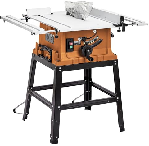 Table Saw, Garvee 10 in 15A Multifunctional Saw with Stand & Push Stick for Jobside, 90° Cross Cut & 0-45° Bevel Cut, Cutting Speed Up to 5000RPM, Adjustable Blade Height, for Woodworking,Orange