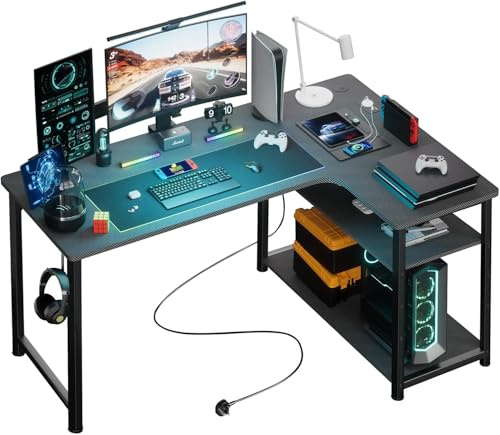 COMHOMA L Shaped Gaming Desk 110x80CM with Power Outlets Corner Computer Desk with Shelves Headphone Hook PC Table Workstation for Home Office Bedroom (Black, 110CM)