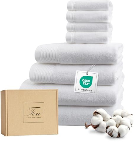 Ferò Luxus Handtücher Set Baumwolle, 8 Teile, Low Twist Baumwolle, 550 g/m², Oeko-TEX, Italienisches Design, 2 handtücher 70x140cm, 2 Handtuch 50x100cm, 2 Gästehandtuch 50x30 cm, Weiß