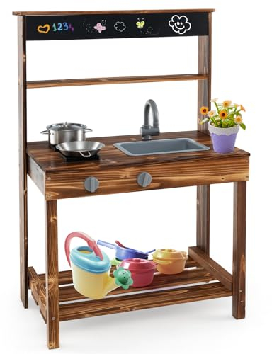 HOMASIS Jouet Cuisine pour Enfants en Bois d'épicéa, Cuisine de Sapin extérieure pour Enfants avec Tableau, évier, Cuvette et Pot, Cadeau pour Enfants de Plus de 3 Ans, 65 x 40 x 96 cm, Marron