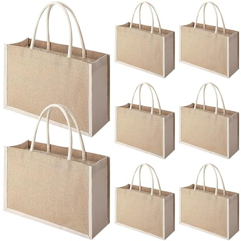 ASMIZ 8 Pack Jute Tote Bags with Handles, 32 x 22 x 13 cm Reusable Burlap Shopping Gift Bags Bulk, DIY Blank Tote for Women Bridesmaid, Shopping, Beach, Wedding