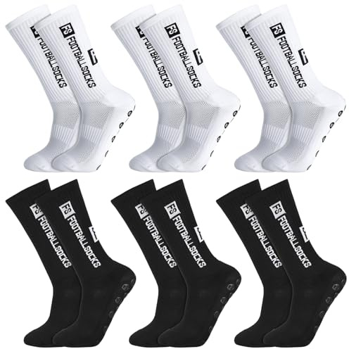 GGSTDDUP 6 Pairs Grip Soccer Socks for Men Anti Slip Athletic Socks Non-Slip Sports Football Basketball Socks with Grip Pads (Black, White)