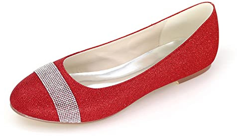 ZhiQin Red,3 UK,Ballerinas Wedding Shoes Flats Glitter Rhinestone Slip On Bridal Dress Party Shoes for Women